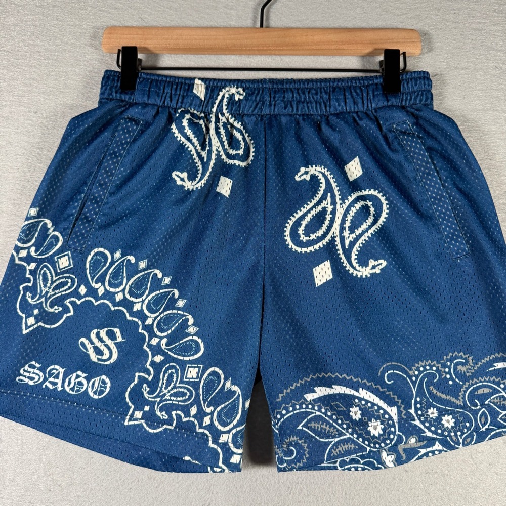 SAGO 93/94 Mens Blue Paisley Bandana Mesh Basketball Shorts Small Streetwear